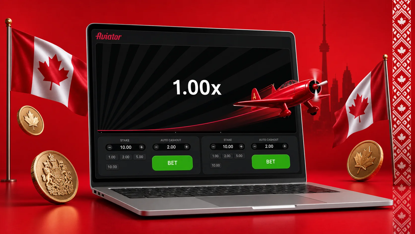 Aviator auto-cashout configuration with the exit multiplier field set and both dual bet slots active