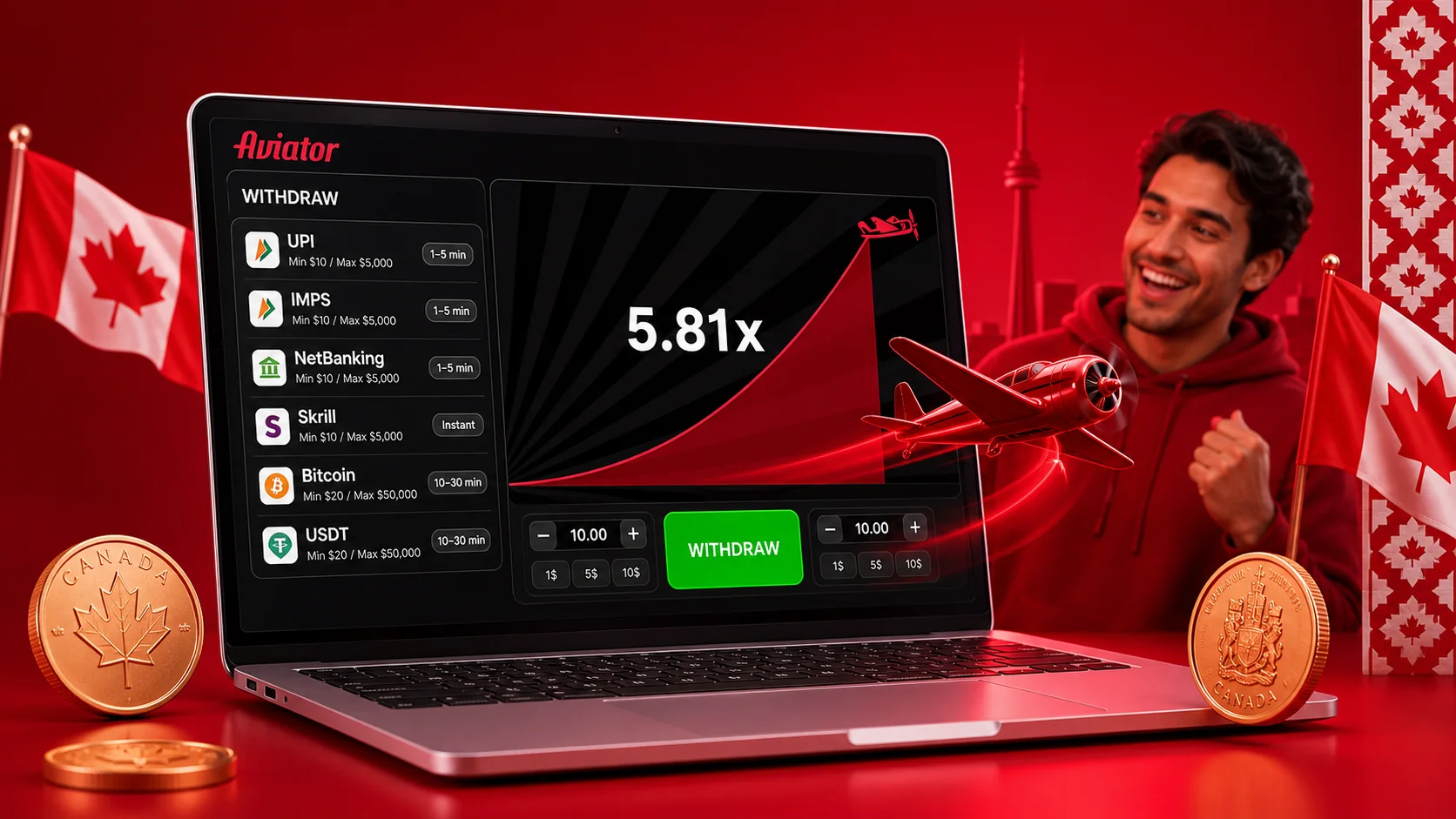 Aviator casino cashier screen showing card, e-wallet, and crypto payment options with min/max limits
